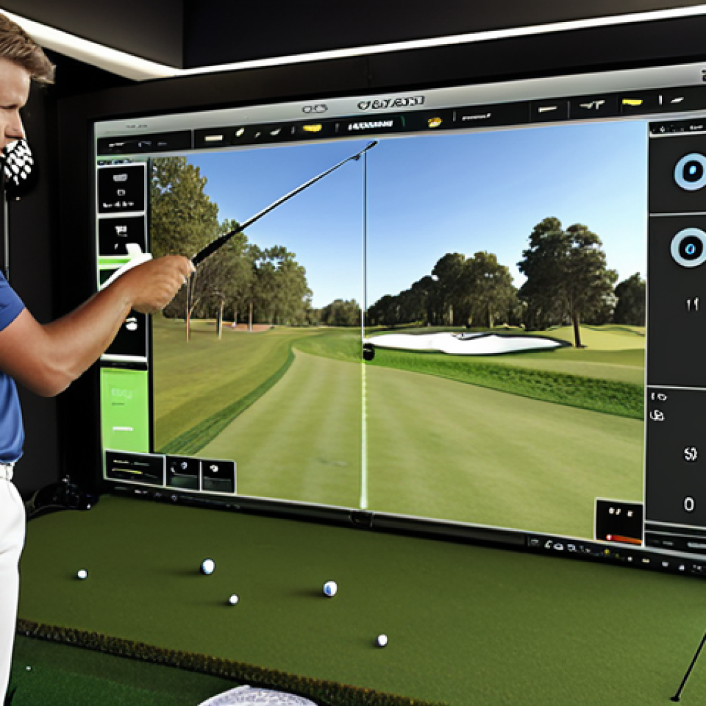 **A golfer analyzing swing data on a launch monitor during a club fitting session. Focus on the technology and data visualization, with a knowledgeable fitter observing.**