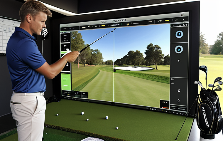 **A golfer analyzing swing data on a launch monitor during a club fitting session. Focus on the technology and data visualization, with a knowledgeable fitter observing.**