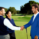 골프 커뮤니티와 네트워킹 - **Subject:** A group of fully clothed business professionals on a golf course, shaking hands after a...