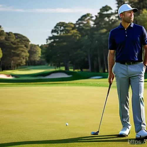 골프 레인저 파인더 추천 모델 - **Prompt:** A confident male golfer in his late 30s, wearing a stylish navy blue polo shirt and beig...