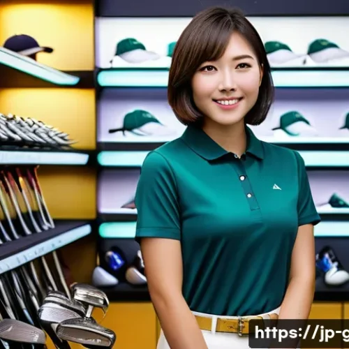초보를 위한 중고 골프 장비 구매 팁 - A young Japanese woman in her late 20s, with a stylish bob haircut, stands in a brightly lit, modern...